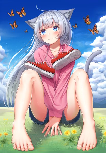 Anime picture 1355x1950 with original superpig (wlstjqdla) single long hair tall image blush blue eyes smile sitting animal ears looking away sky silver hair full body ahoge outdoors tail long sleeves animal tail barefoot
