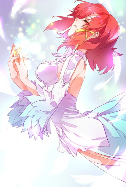 Anime picture 811x1200 with shuumatsu no izetta izetta airrabbityan single tall image short hair red hair eyes closed parted lips profile wide sleeves arched back hands clasped glow girl dress ribbon (ribbons) hair ribbon white dress feather (feathers)