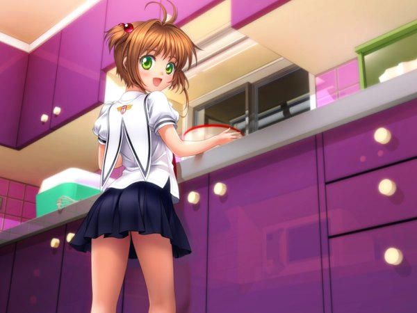 Anime picture 1600x1200 with card captor sakura clamp kinomoto sakura mutsuki (moonknives) blush short hair open mouth brown hair green eyes ahoge looking back two side up girl skirt uniform school uniform miniskirt kitchen