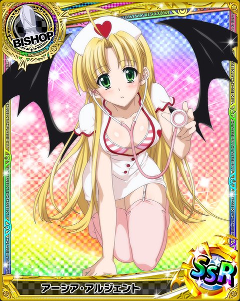 Anime picture 640x800 with highschool dxd asia argento single long hair tall image looking at viewer blush light erotic blonde hair green eyes card (medium) nurse girl thighhighs uniform wings lingerie bra nurse cap stethoscope