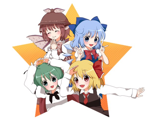 Anime picture 1350x1100 with touhou cirno rumia mystia lorelei wriggle nightbug purin jiisan blush short hair open mouth blue eyes simple background blonde hair smile red eyes brown hair white background multiple girls green eyes animal ears blue hair