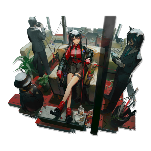 Anime picture 2048x2048 with arknights texas (arknights) texas (willpower) (arknights) the emperor (arknights) huanxiang heitu long hair fringe highres black hair hair between eyes red eyes sitting animal ears full body ponytail from above official art crossed legs official alternate costume transparent background