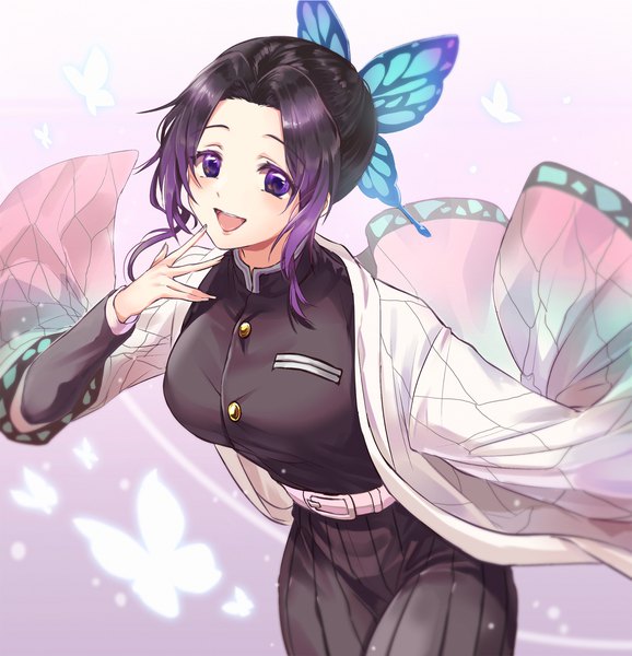 Anime picture 1661x1725 with kimetsu no yaiba ufotable kochou shinobu oso 5425 single tall image short hair open mouth black hair purple eyes looking away traditional clothes :d japanese clothes animal print butterfly print girl uniform hair ornament insect