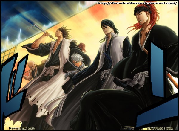 Anime picture 1300x950 with bleach studio pierrot hitsugaya toushirou kuchiki byakuya abarai renji zaraki kenpachi madarame ikkaku diabolumberto long hair short hair black hair smile red eyes brown hair green eyes sky cloud (clouds) ponytail red hair japanese clothes