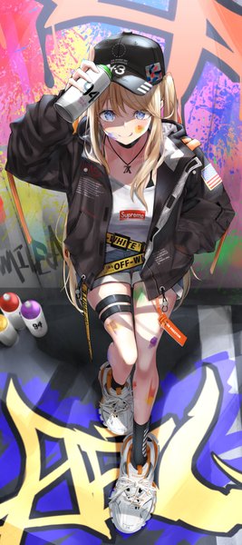 Anime picture 1824x4093 with original nasa balenciaga supreme y-3 mirea single long hair tall image looking at viewer blush fringe highres breasts blue eyes blonde hair smile hair between eyes twintails holding