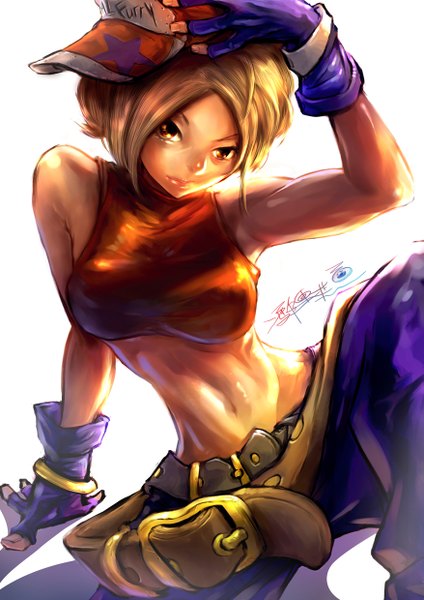 Anime picture 877x1240 with the king of fighters fatal fury snk blue mary santafung single tall image short hair breasts light erotic blonde hair brown eyes signed looking away lips arm support shadow midriff sleeveless girl