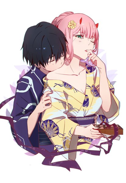 Anime-Bild 1415x2048 mit darling in the franxx studio trigger zero two (darling in the franxx) hiro (darling in the franxx) chenaze57 long hair tall image fringe short hair breasts black hair simple background hair between eyes white background holding looking away pink hair upper body blunt bangs eyes closed