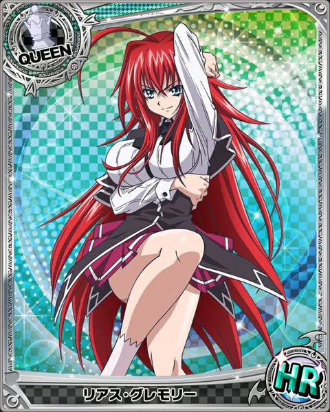 Anime picture 640x800 with highschool dxd rias gremory single tall image looking at viewer blue eyes red hair very long hair card (medium) girl skirt uniform school uniform miniskirt socks white socks red skirt