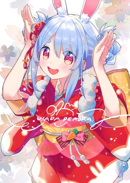 Anime picture 1451x2048 with virtual youtuber hololive usada pekora don-chan (usada pekora) usada pekora (2nd costume) zuho (vega) single tall image blush fringe open mouth hair between eyes animal ears payot silver hair traditional clothes :d japanese clothes pink eyes teeth