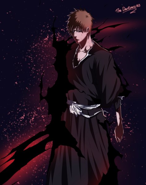 Anime picture 1100x1396 with bleach studio pierrot kurosaki ichigo darknes953 single tall image short hair red eyes brown hair japanese clothes coloring magic boy belt kimono