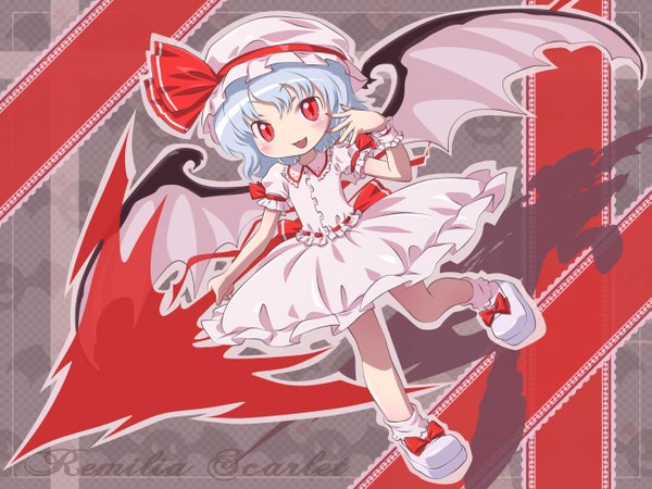 Anime picture 1333x1000 with touhou remilia scarlet ah-negitorow single looking at viewer blush short hair open mouth red eyes blue hair nail polish shadow wallpaper character names bat wings red nail polish girl dress weapon wings