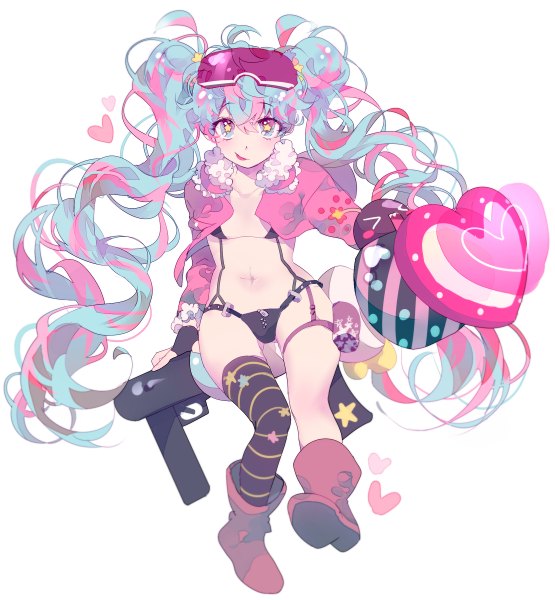Anime picture 1110x1200 with vocaloid hatsune miku shooting miku inhye single tall image looking at viewer blush fringe light erotic simple background white background sitting twintails pink hair full body ahoge very long hair multicolored hair aqua hair