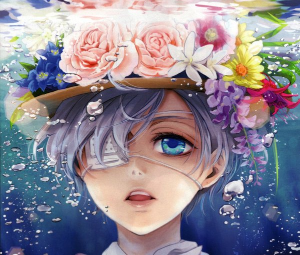 Anime picture 2106x1795 with kuroshitsuji a-1 pictures ciel phantomhive toboso yana single looking at viewer highres short hair open mouth blue eyes looking away grey hair underwater boy flower (flowers) hat eyepatch bubble (bubbles)
