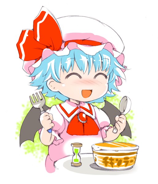 Anime picture 900x1048 with touhou remilia scarlet ichizen (o tori) single tall image blush short hair open mouth simple background white background sitting blue hair :d bat wings girl wings food bonnet clock child (children)