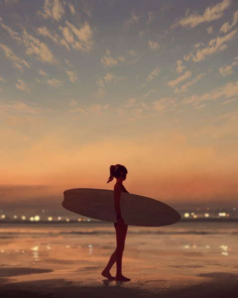 Anime picture 3000x3750 with original guweiz single tall image highres short hair black hair standing holding payot sky cloud (clouds) outdoors barefoot wind blurry realistic bare legs beach evening