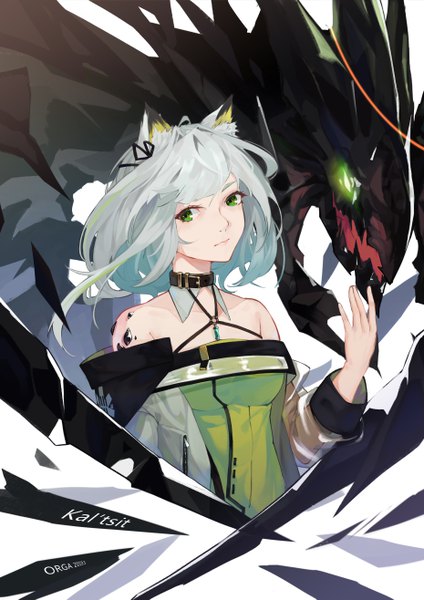 Anime picture 3720x5262 with arknights kal'tsit (arknights) mon3tr (arknights) orga (orgacl) single tall image fringe highres short hair open mouth simple background bare shoulders green eyes signed animal ears looking away absurdres upper body arm up green hair
