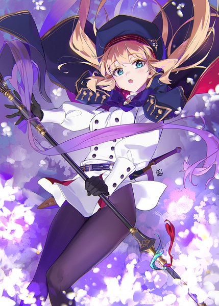 Anime picture 800x1119 with fate (series) fate/grand order artoria pendragon (all) artoria caster (fate) yd (orange maru) single long hair tall image looking at viewer blush fringe open mouth blue eyes light erotic blonde hair twintails signed long sleeves :o floating hair