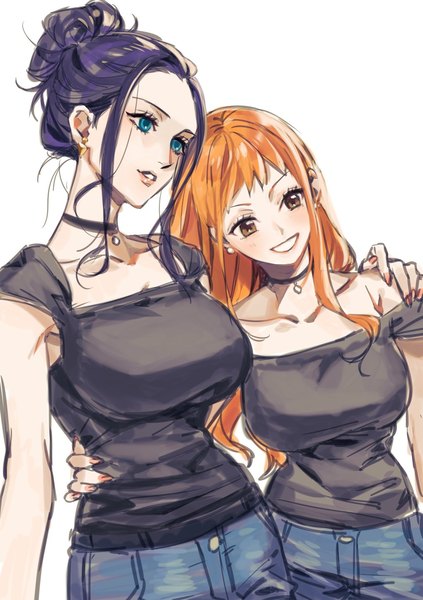 Anime picture 1020x1447 with one piece toei animation nami (one piece) nico robin h0h0ti long hair tall image simple background smile white background multiple girls brown eyes looking away purple hair aqua eyes orange hair alternate costume grin alternate hairstyle hand on another's shoulder