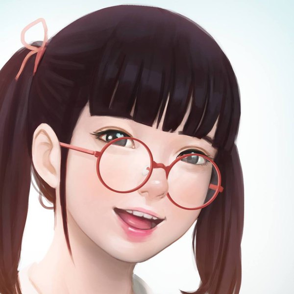 Anime picture 1212x1212 with original jubi (regiana) single long hair looking at viewer fringe open mouth black hair simple background twintails blunt bangs lips black eyes blurry realistic teeth close-up girl glasses