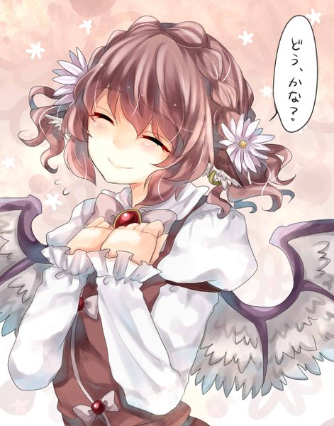 Anime picture 1000x1272 with touhou mystia lorelei mimoto (aszxdfcv) single tall image blush fringe short hair smile twintails animal ears purple hair eyes closed hair flower text short twintails happy alternate hairstyle question girl