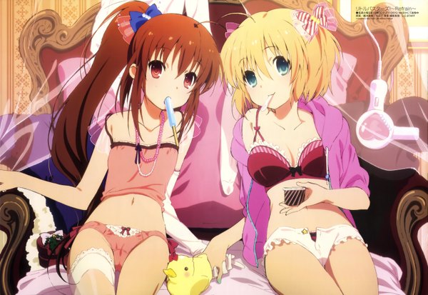 Anime picture 5922x4077 with little busters! key (studio) megami magazine natsume rin kamikita komari long hair highres short hair blue eyes light erotic blonde hair red eyes brown hair multiple girls absurdres ponytail official art two side up underwear only girl