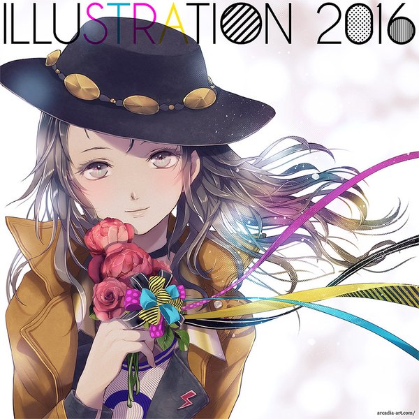 Anime picture 833x833 with original yuu (arcadia) single long hair looking at viewer black hair simple background white background signed light smile wind lips open jacket light silver eyes 2016 girl flower (flowers) ribbon (ribbons) hat