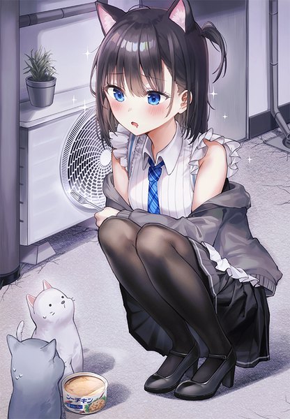 Anime picture 625x900 with original rangu single long hair tall image blush fringe open mouth blue eyes black hair animal ears looking away full body pleated skirt cat ears sparkle cat girl high heels one side up squat