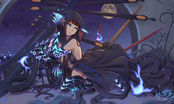 Anime picture 5000x3000 with fate (series) fate/grand order yang guifei (fate) user spfh8255 single looking at viewer fringe highres blue eyes light erotic wide image signed absurdres purple hair full body indoors blunt bangs very long hair parted lips night