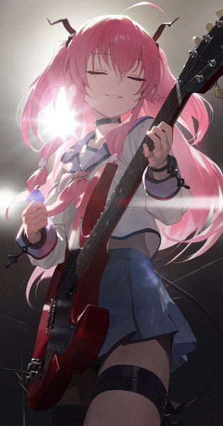 Anime picture 1500x2859 with angel beats! key (studio) yui (angel beats!) modare single long hair tall image fringe hair between eyes pink hair ahoge eyes closed pleated skirt from below two side up girl skirt uniform miniskirt choker