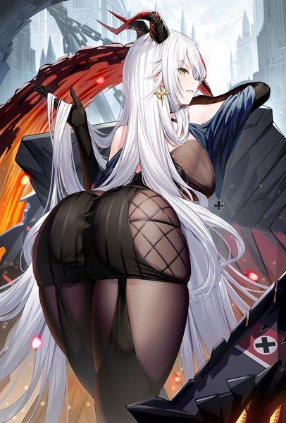 Anime picture 1080x1598 with azur lane aegir (azur lane) ririko (zhuoyandesailaer) single long hair tall image looking at viewer blush fringe breasts light erotic large breasts standing yellow eyes silver hair ass parted lips profile looking back horn (horns)