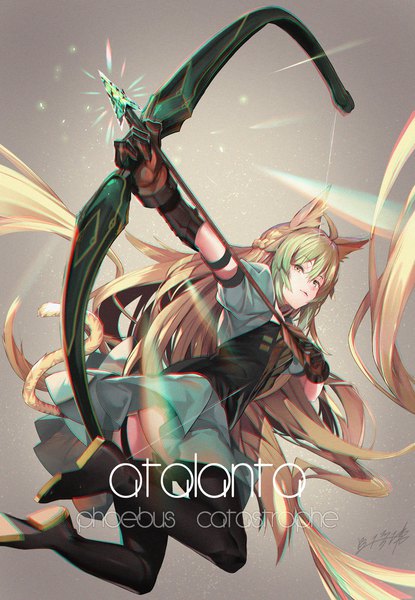 Anime picture 1000x1445 with fate (series) fate/grand order fate/apocrypha atalanta (fate) furisuku single long hair tall image looking at viewer fringe light erotic blonde hair hair between eyes holding green eyes signed animal ears ahoge ass tail
