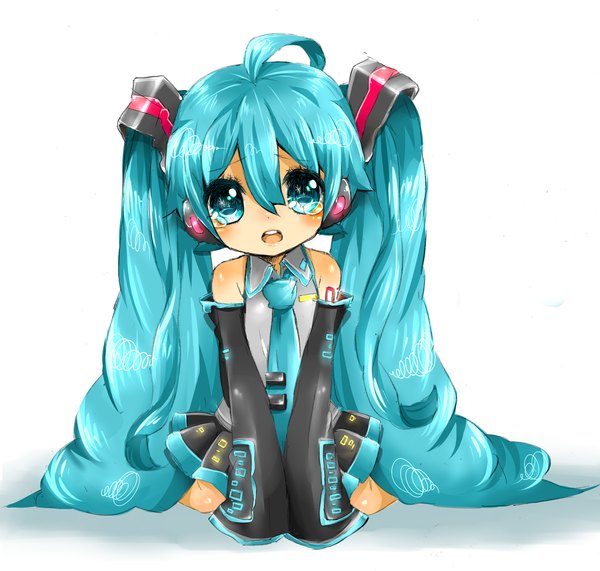 Anime picture 2142x2041 with vocaloid hatsune miku rojiko highres open mouth simple background white background twintails very long hair aqua eyes aqua hair loli tears crying girl skirt detached sleeves headphones child (children)