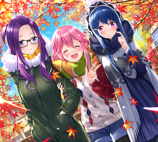 Anime picture 1321x1187 with yurucamp kagamihara nadeshiko shima rin kagamihara sakura swordsouls long hair looking at viewer blush fringe smile hair between eyes standing purple eyes multiple girls payot blue hair looking away pink hair sky purple hair