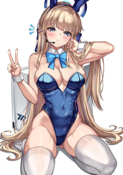 Anime picture 988x1400 with blue archive toki (blue archive) toki (bunny) (blue archive) cenangam single long hair tall image looking at viewer blush fringe breasts blue eyes light erotic simple background blonde hair smile large breasts white background sitting bare shoulders