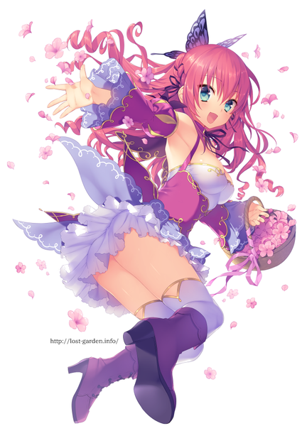Anime picture 680x961 with original sakura neko single long hair tall image blush open mouth blue eyes light erotic white background red hair drill hair girl thighhighs dress hair ornament flower (flowers) detached sleeves petals white thighhighs