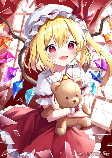 Anime picture 868x1228 with touhou flandre scarlet suzuno naru single tall image looking at viewer blush fringe short hair open mouth blonde hair hair between eyes red eyes :d fang (fangs) puffy sleeves one side up girl hat wings
