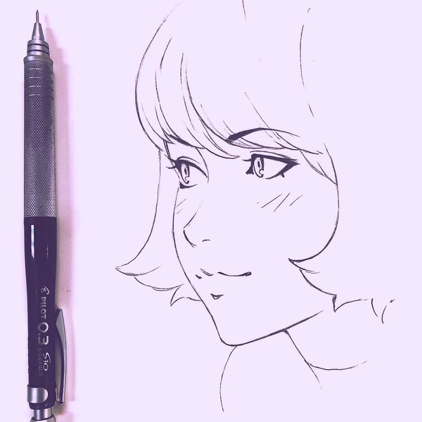 Anime picture 1080x1080 with original ilya kuvshinov single short hair looking away light smile realistic close-up traditional media photo (medium) girl mechanical pencil
