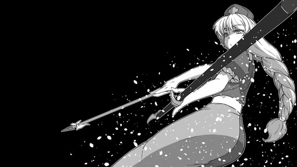 Anime picture 1920x1080 with touhou yagokoro eirin sunatoshi single long hair highres simple background wide image looking away braid (braids) sparkle wallpaper single braid black background monochrome outline girl dress weapon hat