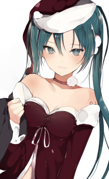 Anime picture 550x905 with vocaloid hatsune miku lpip single long hair tall image blush fringe simple background hair between eyes white background twintails bare shoulders holding payot cleavage upper body parted lips head tilt aqua eyes