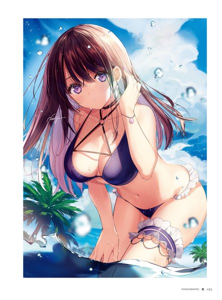 Anime picture 1421x1920 with original necomi (gussan) single long hair tall image looking at viewer blush fringe breasts light erotic hair between eyes brown hair standing purple eyes signed sky cloud (clouds) head tilt multicolored hair blurry