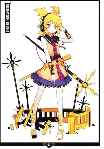 Anime picture 2104x2992 with touhou toyosatomimi no miko ideolo single tall image looking at viewer highres short hair simple background blonde hair smile standing white background yellow eyes scan two side up sleeveless character names border girl