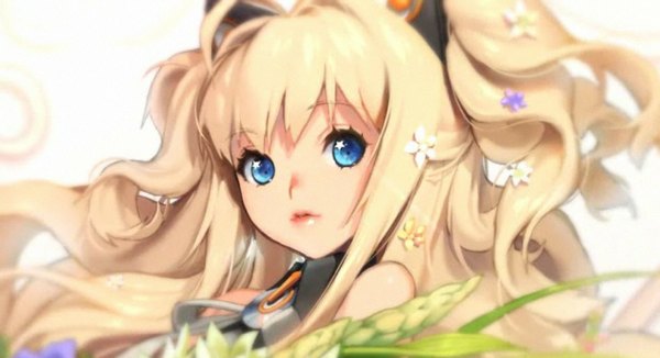 Anime picture 1024x557 with vocaloid seeu single long hair looking at viewer blue eyes blonde hair wide image bare shoulders animal ears hair flower cat ears girl hair ornament