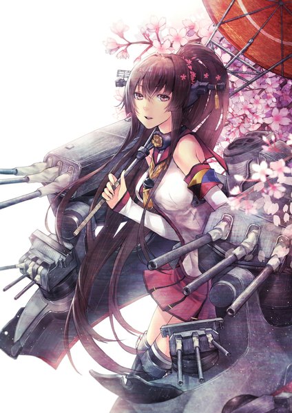 Anime picture 700x990 with kantai collection yamato super battleship applekun single long hair tall image looking at viewer brown hair brown eyes ponytail traditional clothes japanese clothes cherry blossoms girl thighhighs skirt flower (flowers) weapon plant (plants) miniskirt