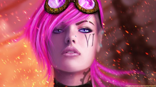 Anime picture 1920x1080 with league of legends vi (league of legends) magicnaanavi single looking at viewer highres wide image purple eyes signed pink hair wind lips realistic tattoo lipstick piercing facial mark face face paint girl
