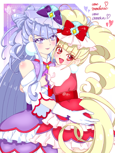 Anime picture 768x1024 with precure hugtto! precure toei animation ruru amour aisaki emiru cure amour cure macherie kumaneko long hair tall image looking at viewer blush fringe blonde hair red eyes purple eyes twintails multiple girls payot purple hair