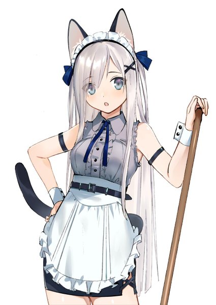 Anime picture 1000x1411 with original urata asao single long hair tall image looking at viewer blush fringe open mouth simple background hair between eyes standing white background bare shoulders animal ears silver hair tail animal tail aqua eyes cat ears