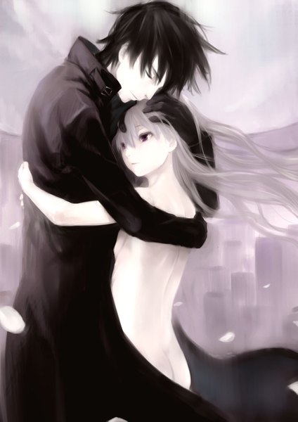 Anime picture 1157x1637 with darker than black studio bones yin (darker than black) hei (darker than black) kawakami rokkaku long hair tall image short hair light erotic black hair purple eyes white hair eyes closed hug back monochrome crying girl boy petals