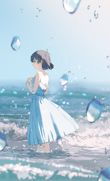 Anime picture 750x1230 with original agas (vpwt7475) single tall image short hair black hair standing bare shoulders looking away sky ahoge outdoors profile from behind blurry tears partially submerged girl dress bracelet