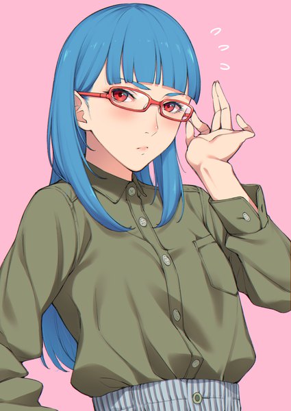 Anime picture 2508x3541 with original sugarbeat single long hair tall image looking at viewer blush fringe highres simple background red eyes payot blue hair upper body blunt bangs striped pink background adjusting glasses girl shirt