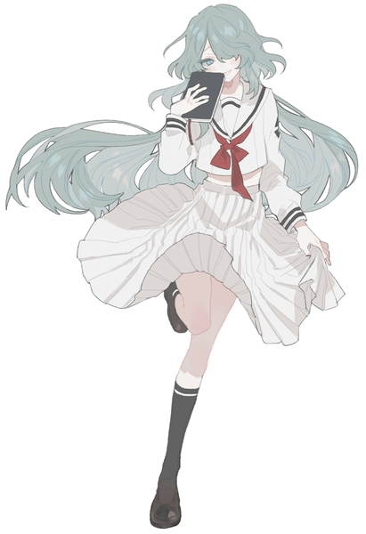 Anime-Bild 848x1236 mit original lunch (lunchicken) single long hair tall image fringe smile standing full body pleated skirt aqua eyes hair over one eye aqua hair midriff standing on one leg transparent background girl skirt uniform socks